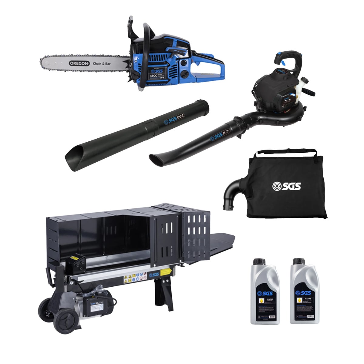 SGS Log Splitter, Chainsaw, Leaf Blower/Vacuum, & Oil Bundle